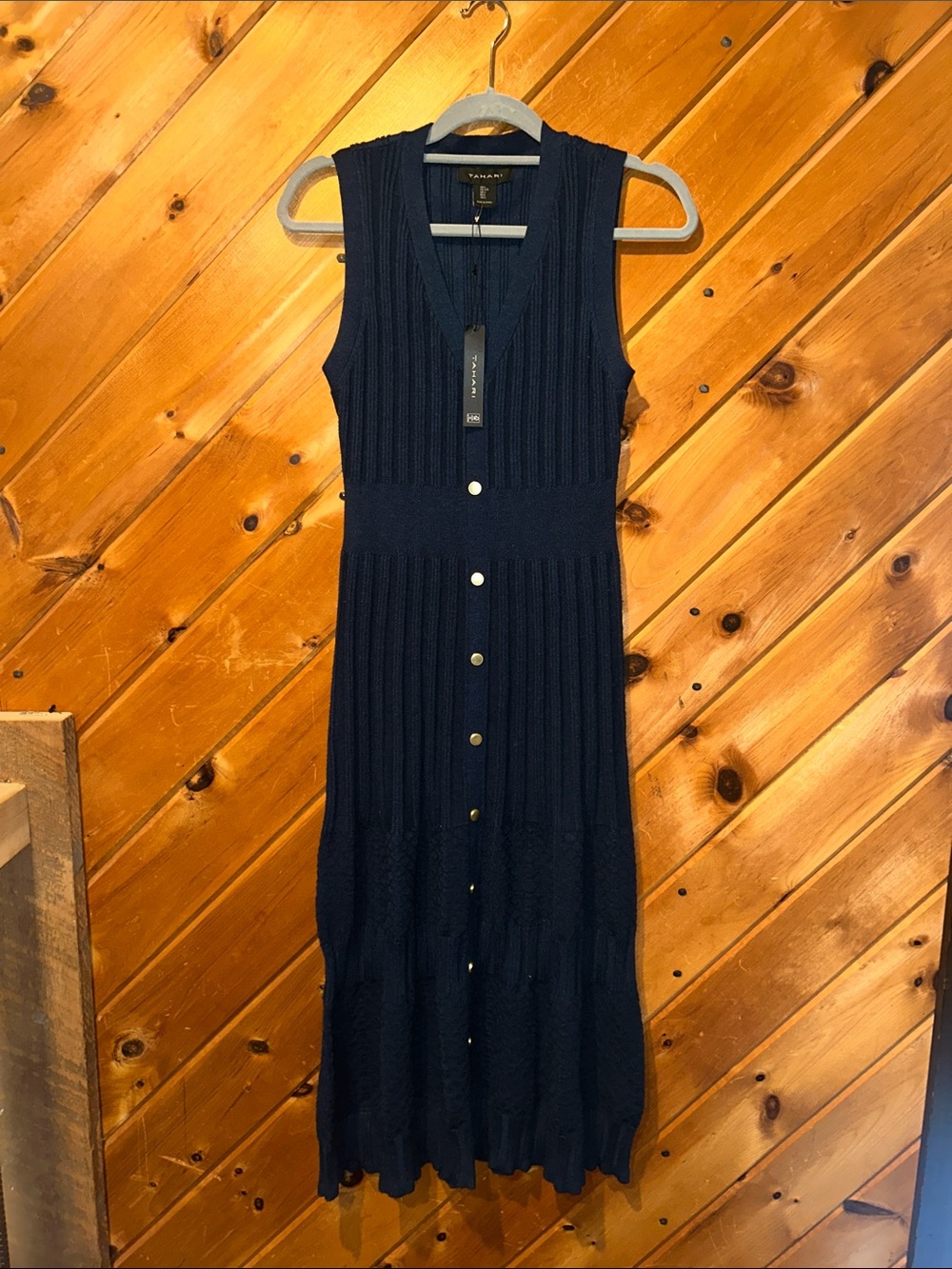 Tahari navy blue sleeveless ribbed textured knit midi dress NWT